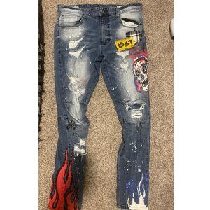 Men's Blue Distressed Jeans with Graphic Design